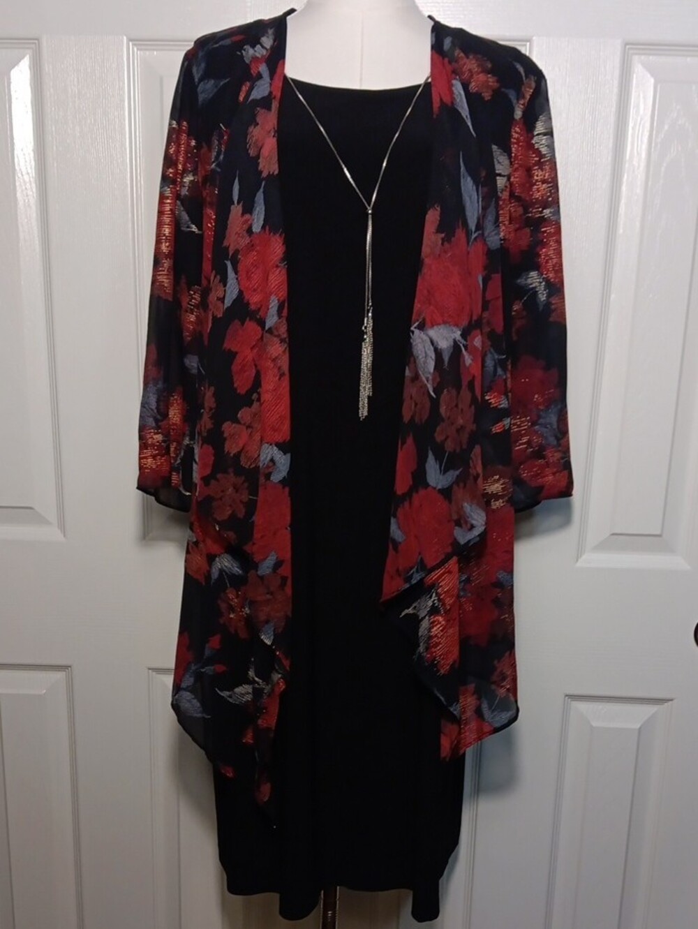 R&K Black Shift Dress with Red Floral Sheer Overlay and Blue Accents - Picture 2 of 12